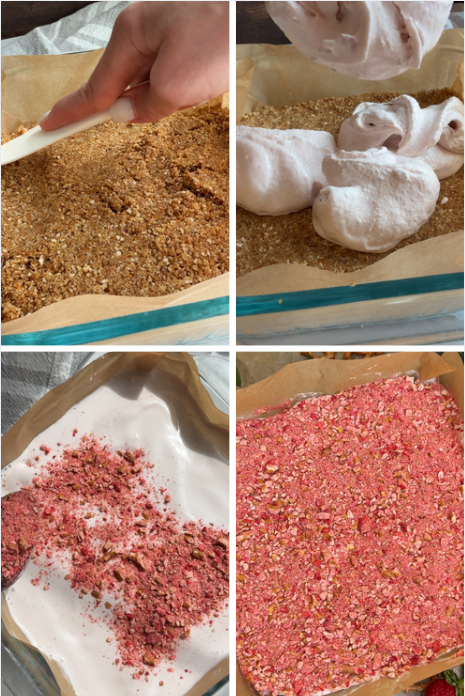 Step by step visual instructions of how to make the strawberry pretzel ice cream bars