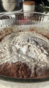 Dry ingredients added to the wet ingredients for the banana muffins