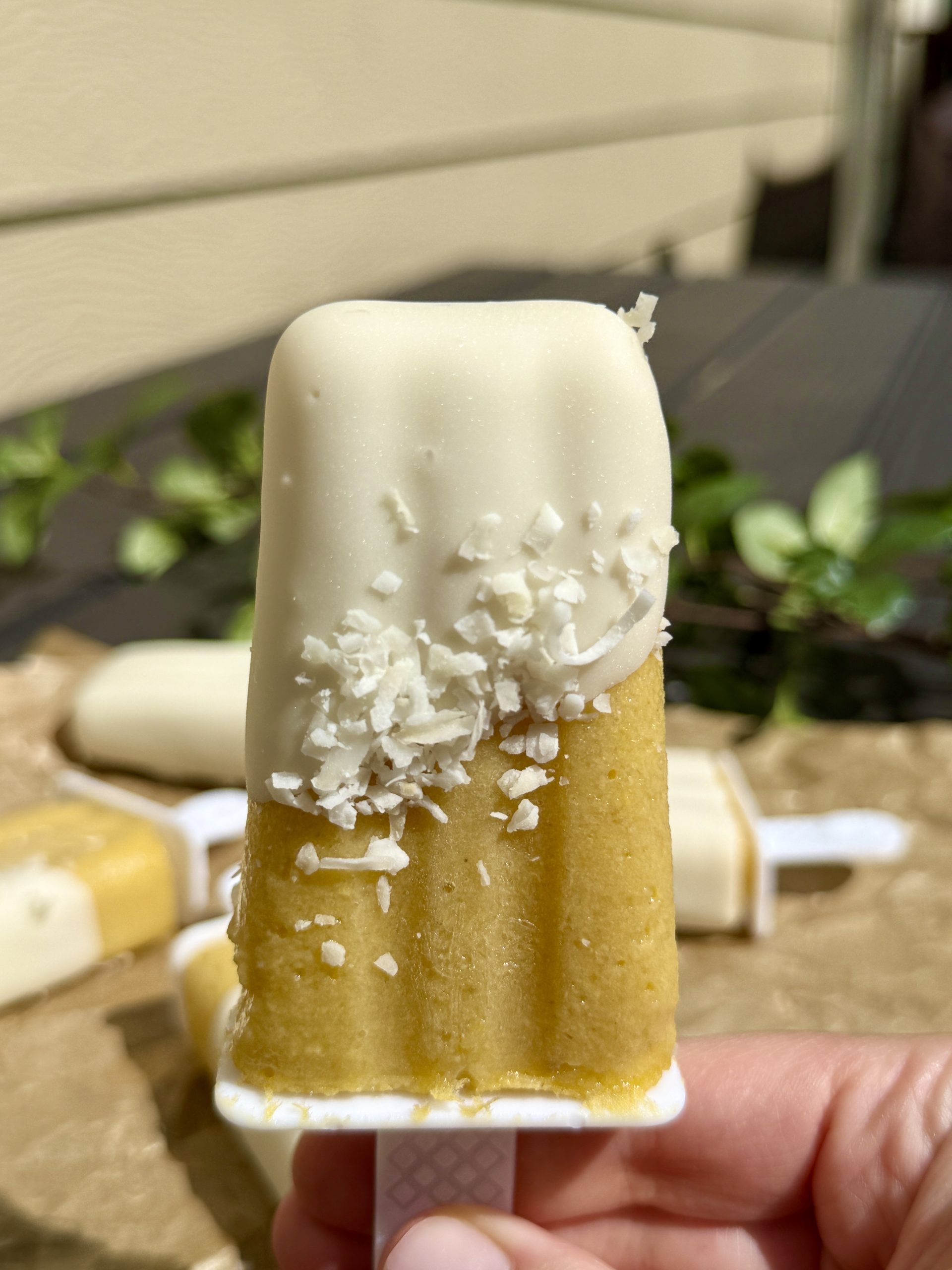 A hand holds a two-toned popsicle with a white top half and yellow bottom half, topped with shredded coconut, outdoors with more popsicles and greenery in the blurred background.
