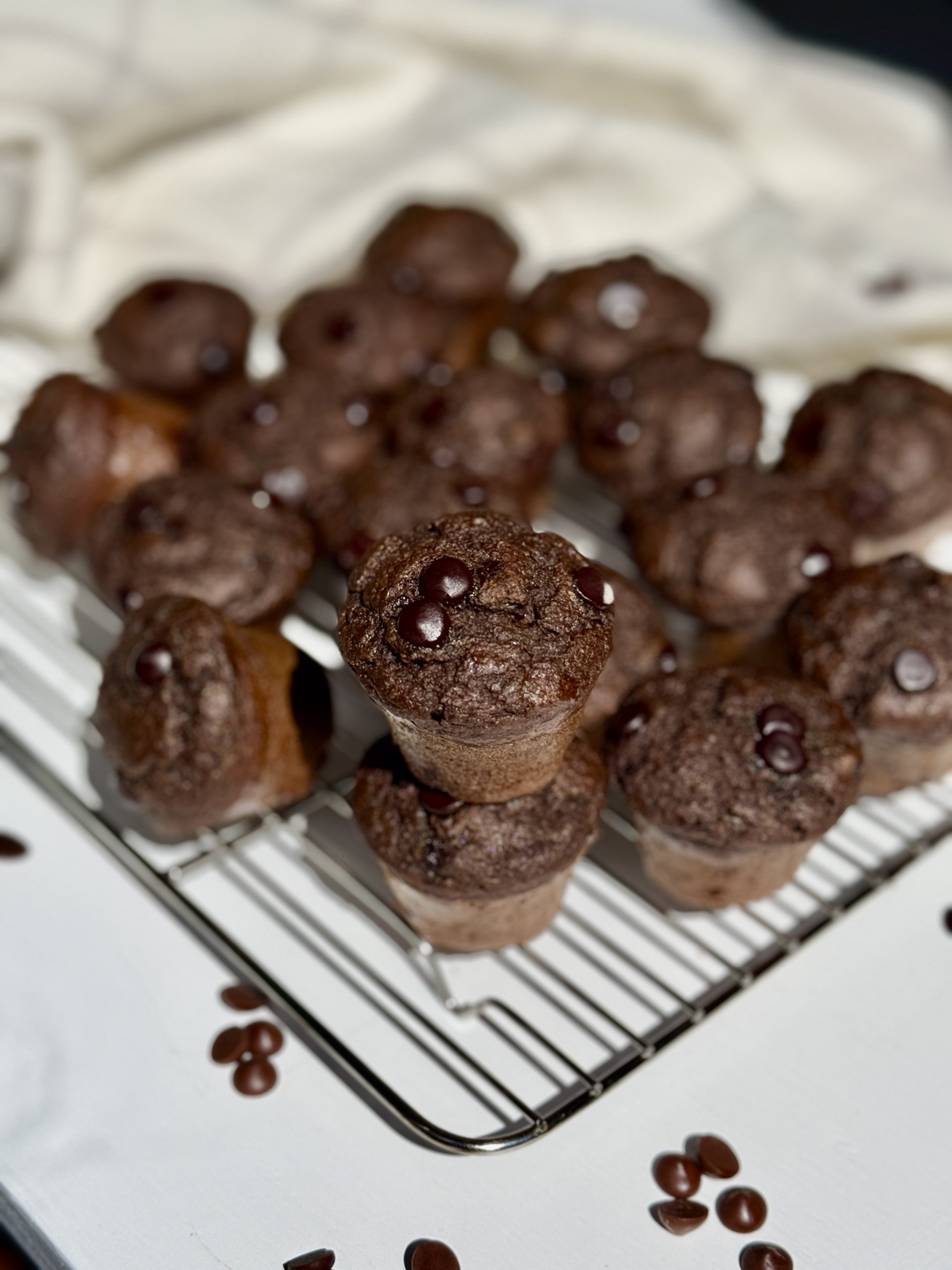 Chocolate muffins arranged on a baking tray wrack