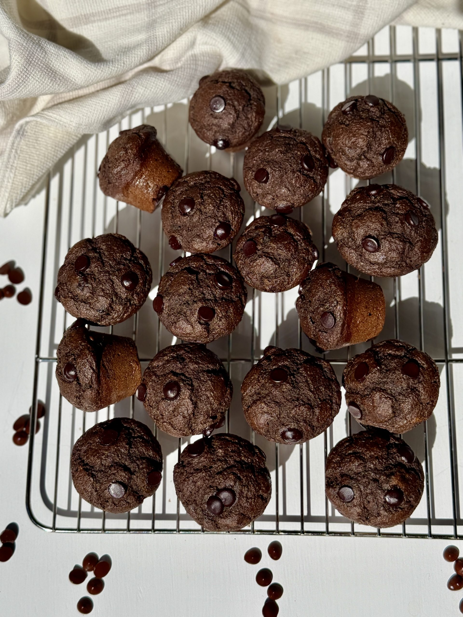 Chocolate muffins arranged on a baking tray wrack