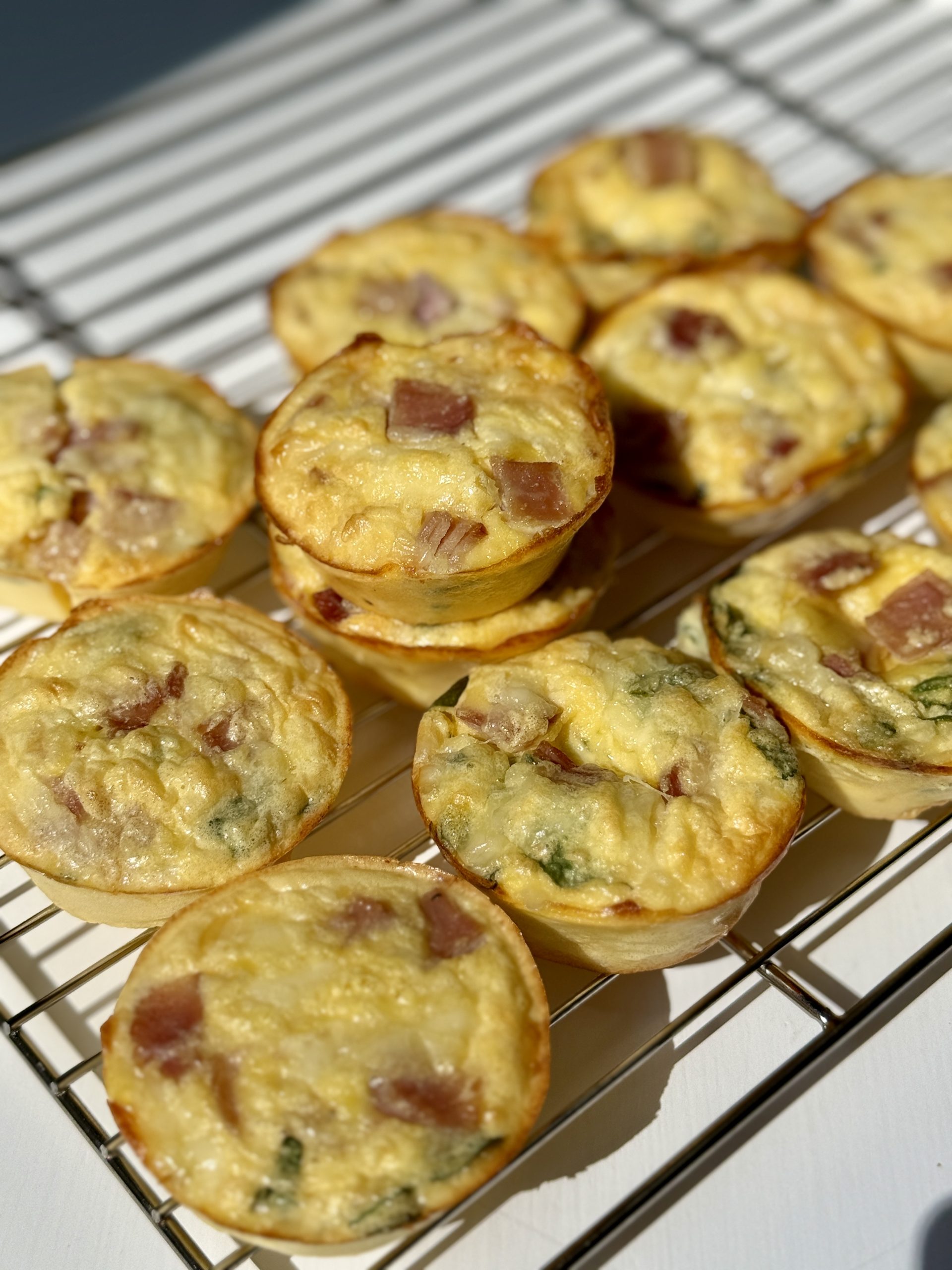 Mini egg bites with visible chunks of ham and vegetables rest on a wire cooling rack, bathed in bright sunlight on a white surface.