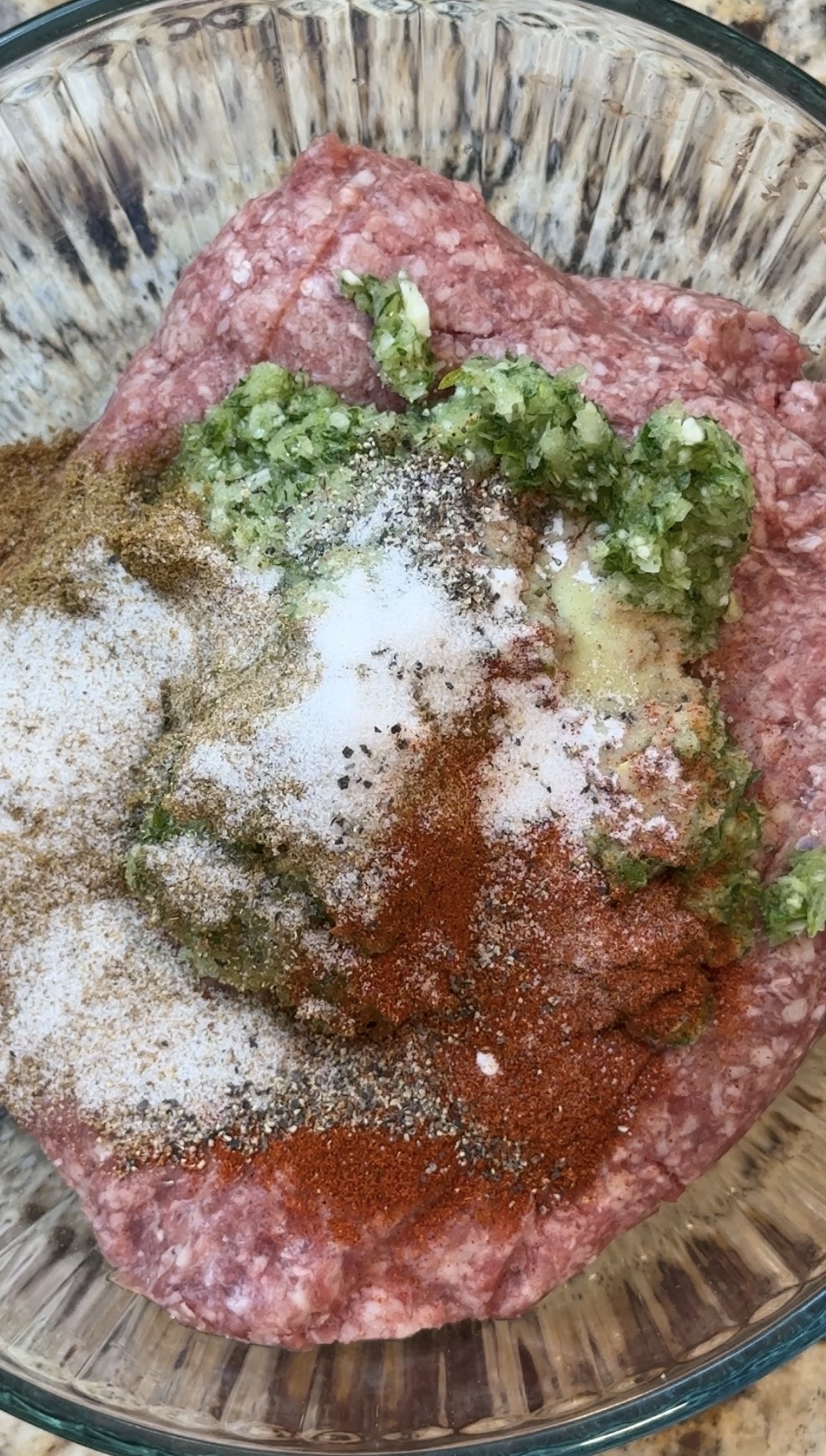 Ground beef mixture with the blended onion, parsley and garlic mixture and seasonings