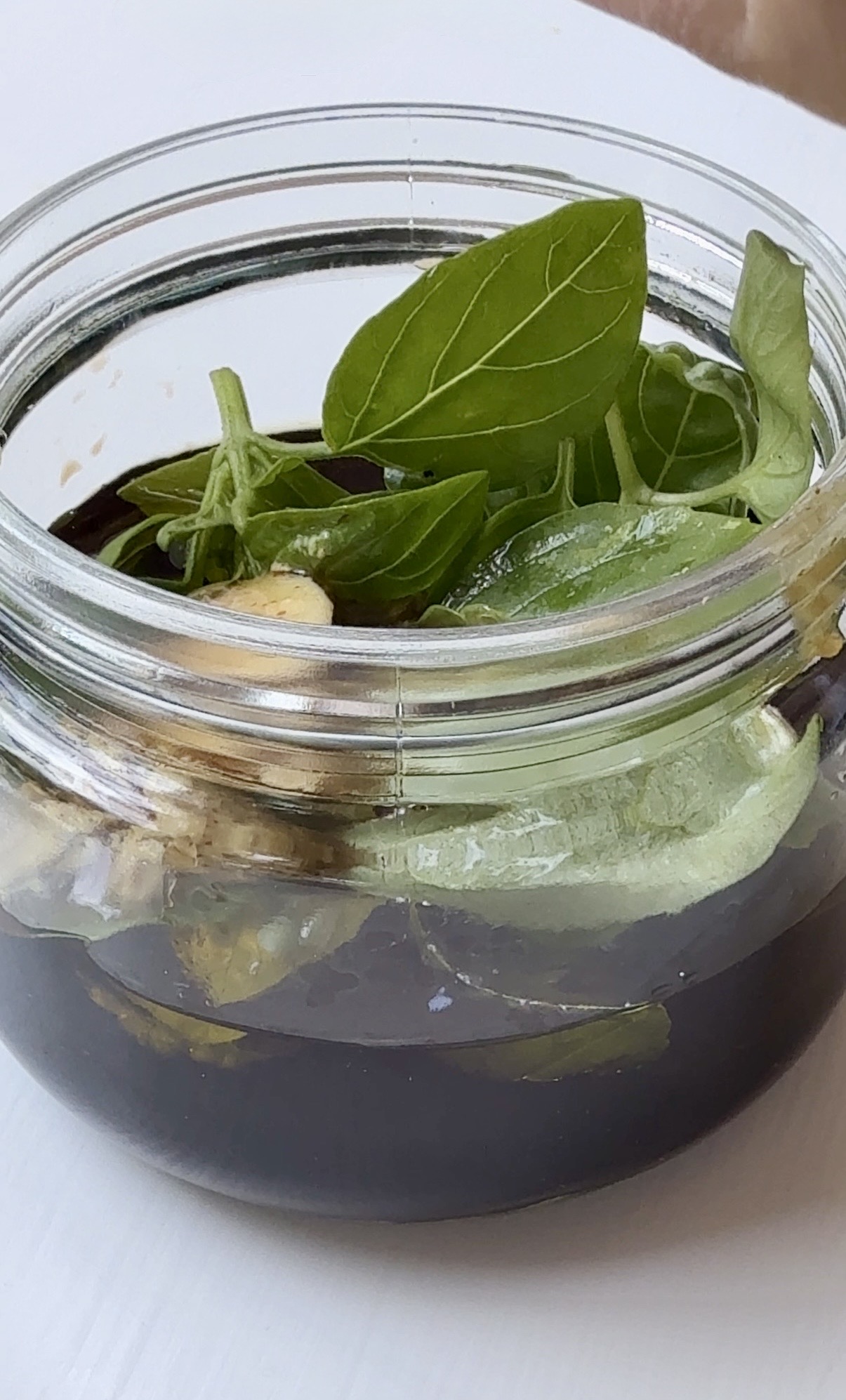 A glass jar filled with dark liquid, fresh green basil leaves, and slices of garlic, placed on a white surface.