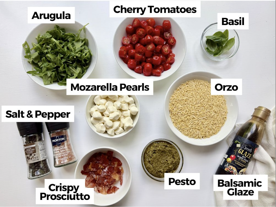 Ingredients to make pesto orzo pasta salad on the table with text labels added.