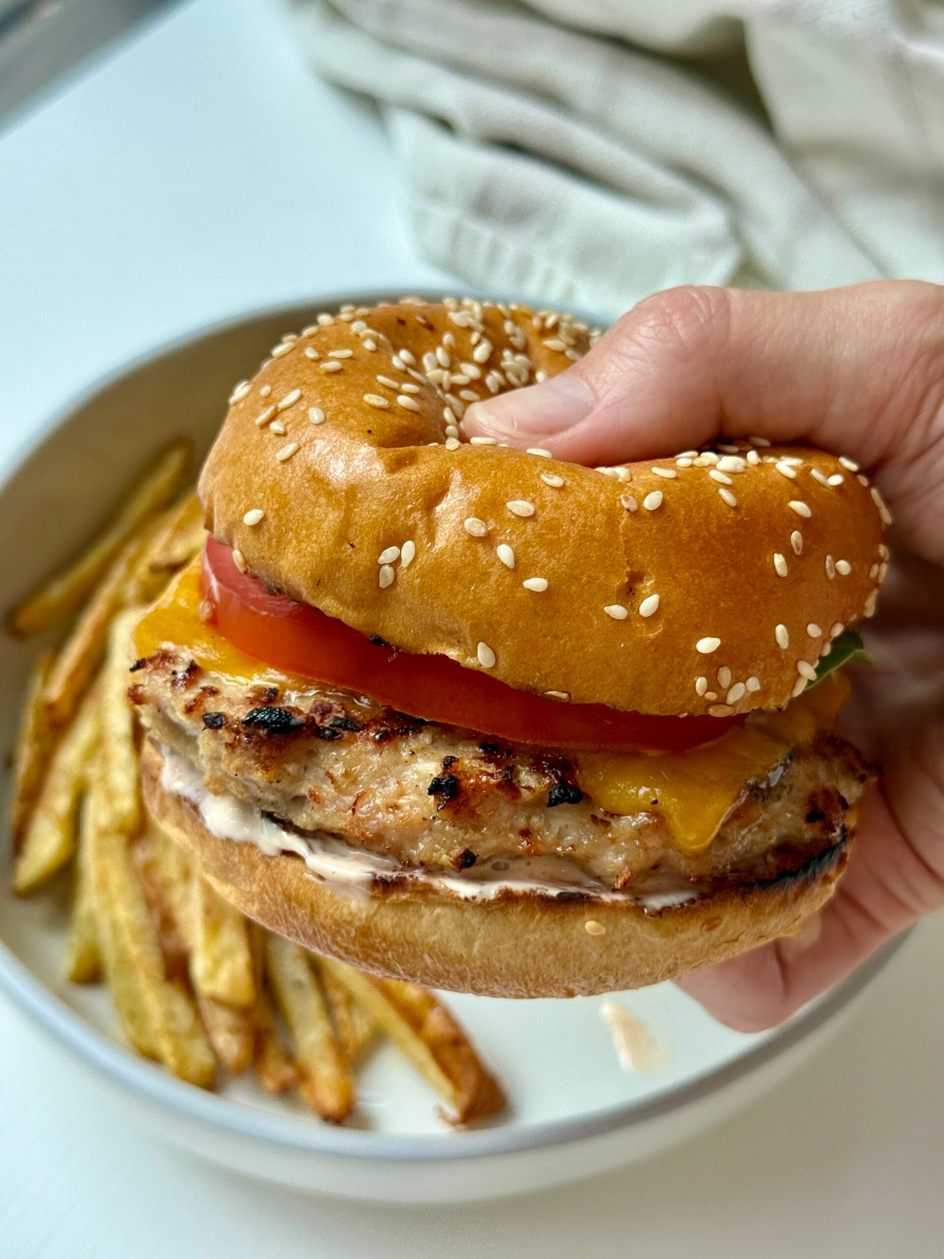 A hand holding a sesame seed bun burger with a grilled patty, melted cheddar cheese, tomato, lettuce, and sauce. A plate of golden French fries is visible in the background.