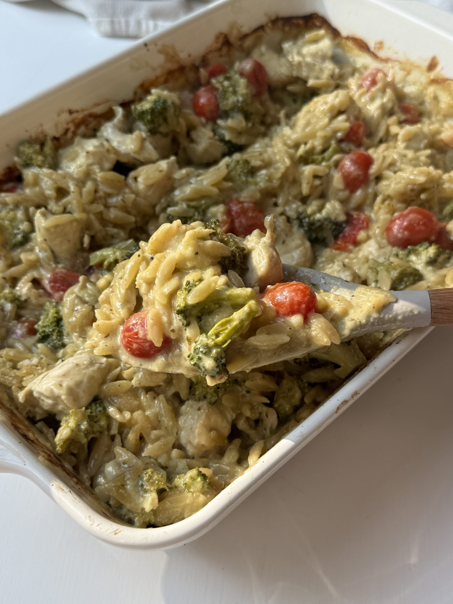 Chicken and orzo casserole ready to serve.