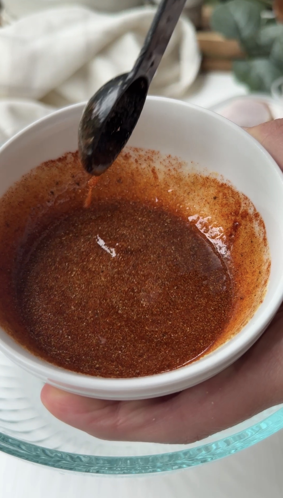 Spices mixed into the oil.