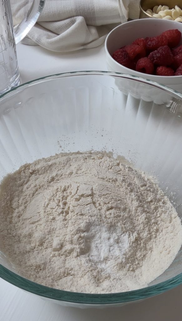 Dry ingredients to make raspberry blondies mixed in a bowl.