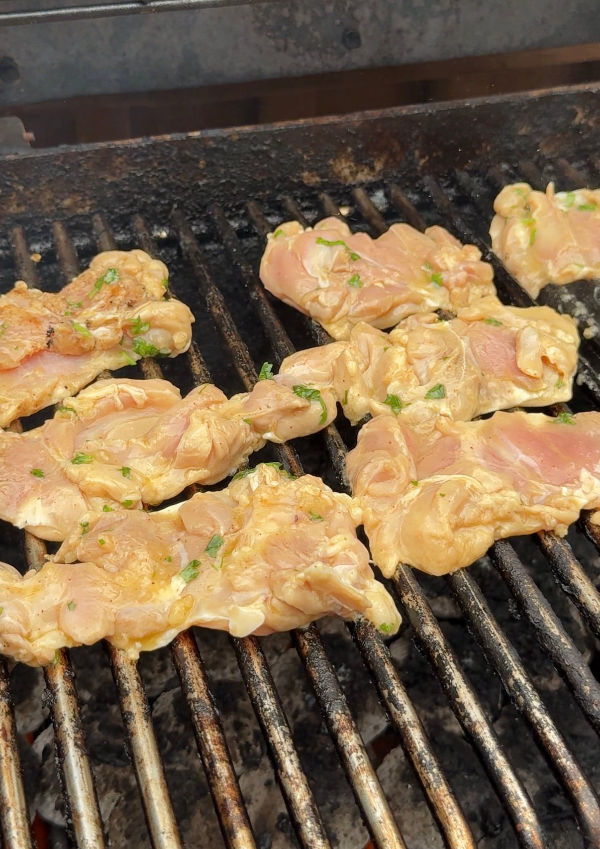 Raw marinated chicken pieces with herbs are placed on a hot grill, starting to cook over open flames and charcoal. The grill grates are darkened from previous use.