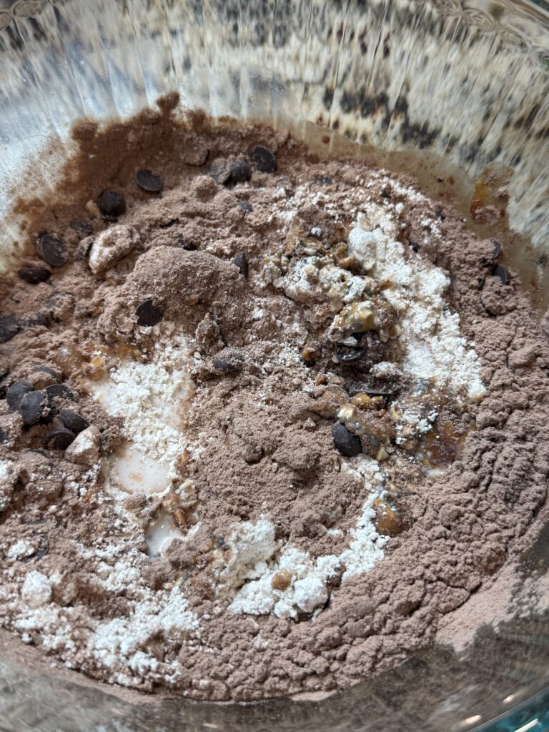 A close-up of a mixing bowl with cocoa powder, flour, chocolate chips, and wet ingredients, ready to be mixed for baking.