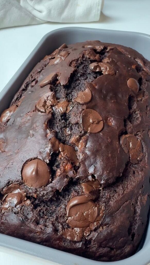 A close-up of a loaf of chocolate bread or cake, topped with melted chocolate chips, in a baking pan.