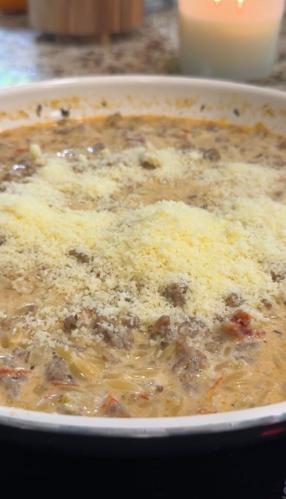 A creamy pasta dish with ground meat, sun-dried tomatoes, and shredded Parmesan cheese sprinkled on top, served in a white pan.