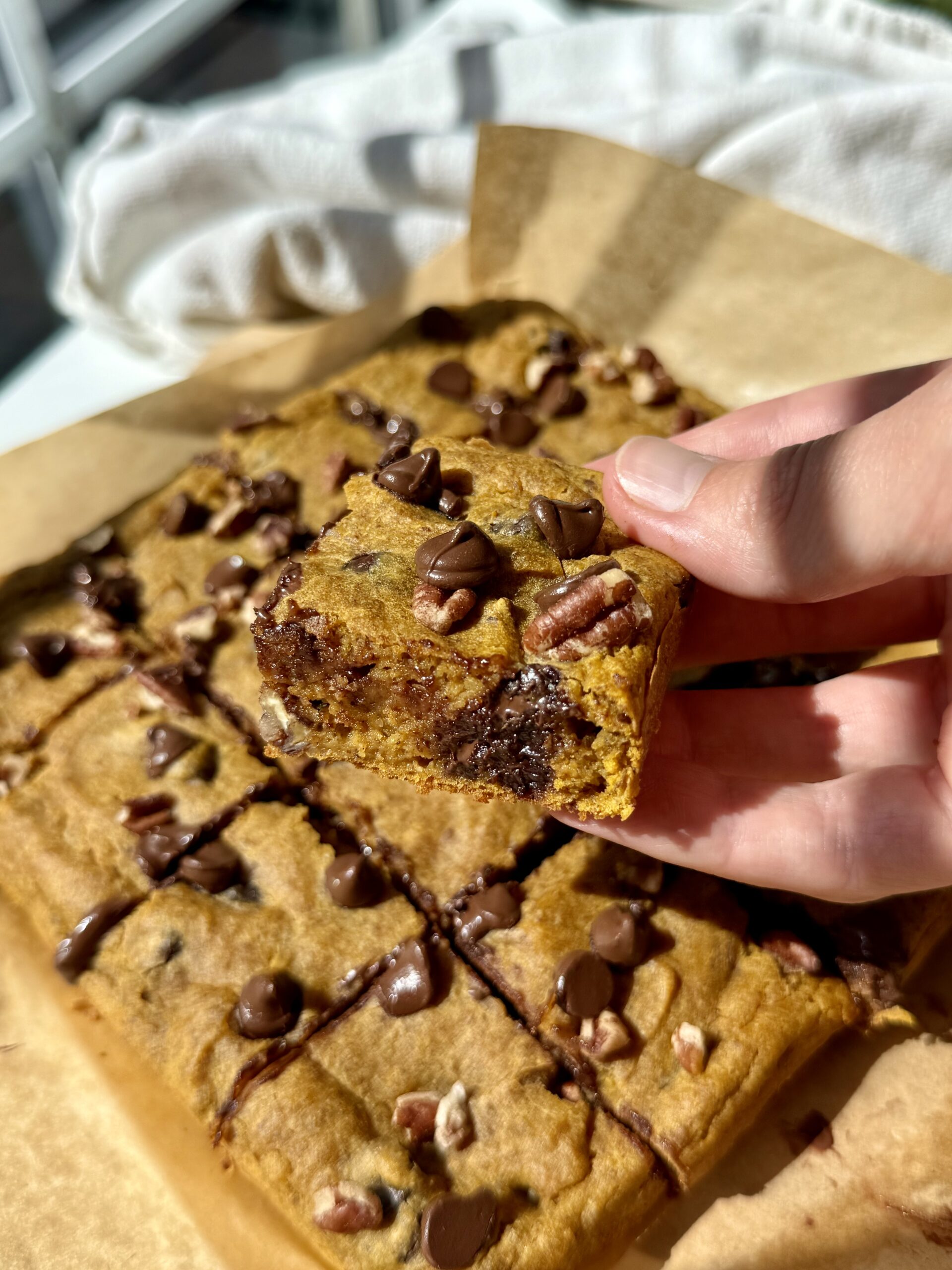 Healthy pumpkin bars with chocolate chips and chopped pecans