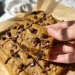 Healthy pumpkin bars with chocolate chips and chopped pecans