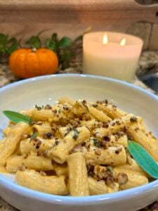 Pumpkin Alfredo Pasta with Sage Walnut Crispies