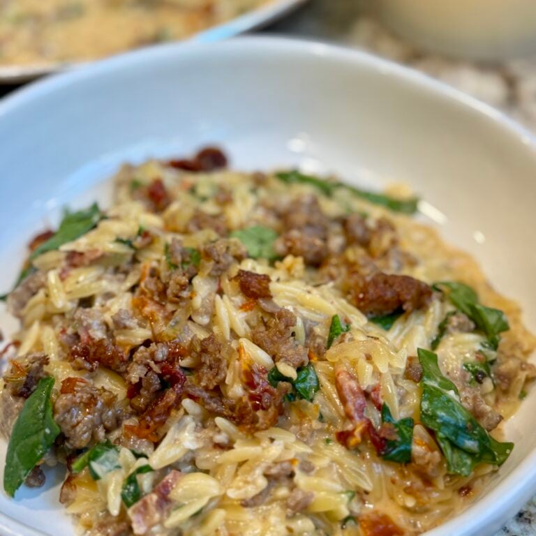 A close-up of a creamy pasta dish with orzo, sausage, sun-dried tomatoes, spinach, and melted cheese, served in a white bowl.
