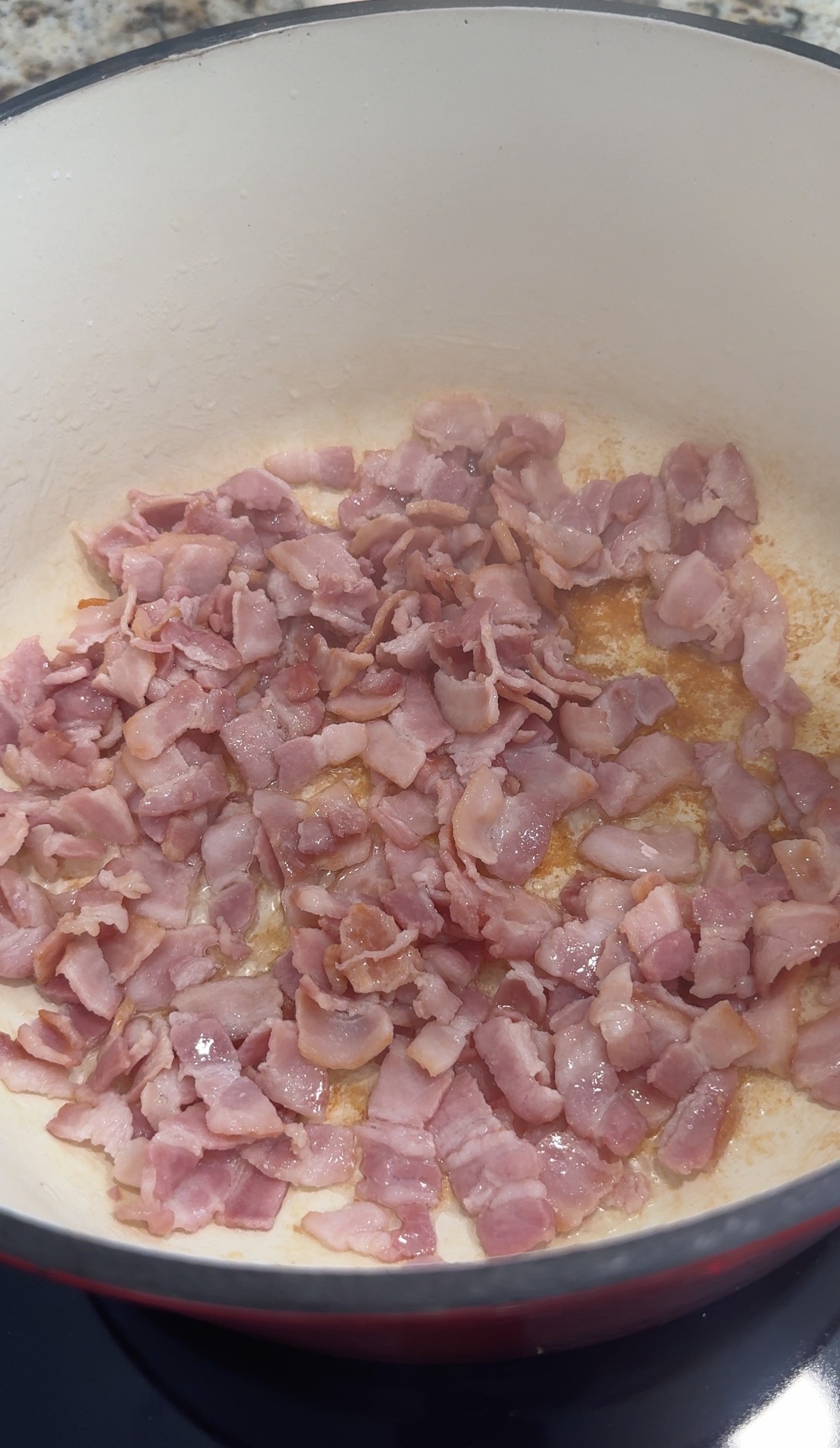 diced bacon cooking in a dutch oven