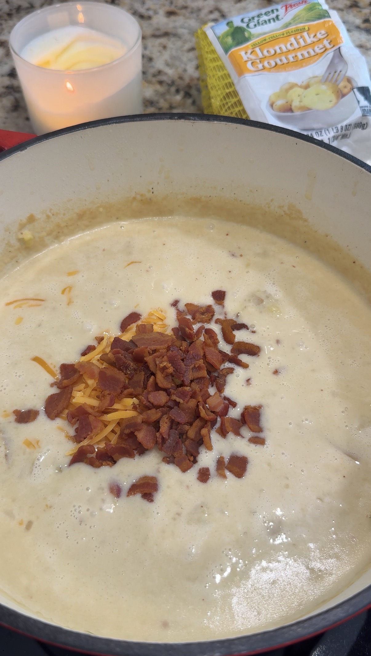 cheddar cheese and bacon added to the loaded baked potato soup
