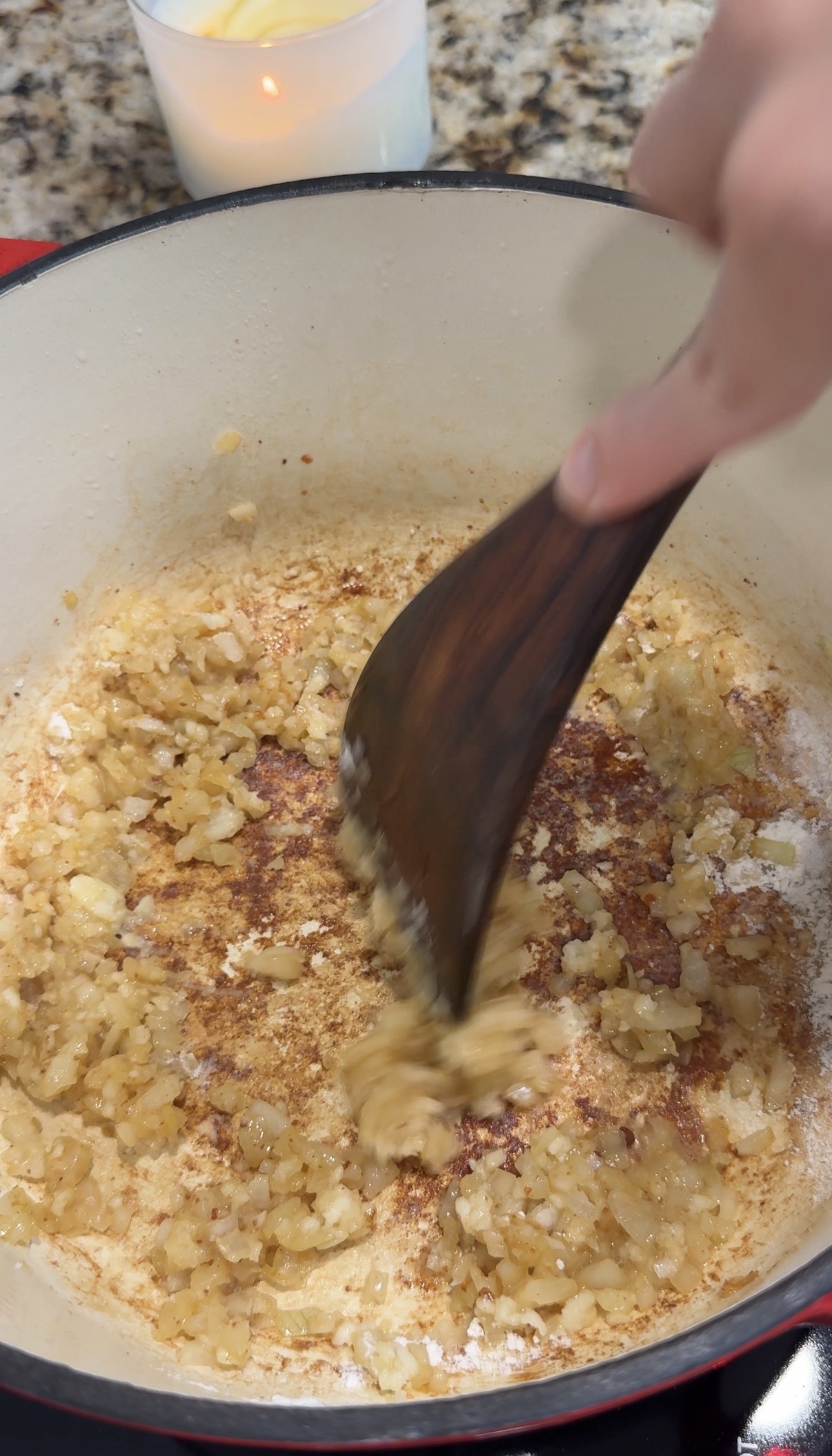 spatula mixing the roux for the loaded baked potato soup
