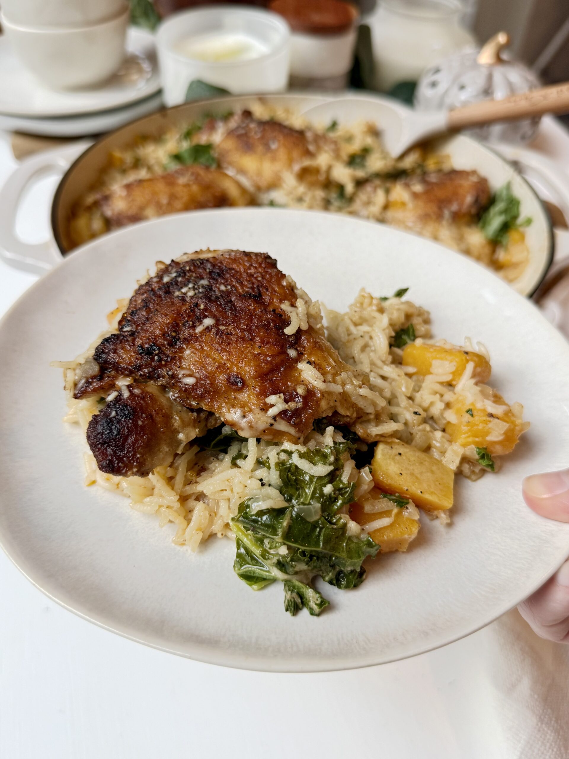 A plate withchicken and rice with butternut squash, kale, and creamy Parmesan sauce