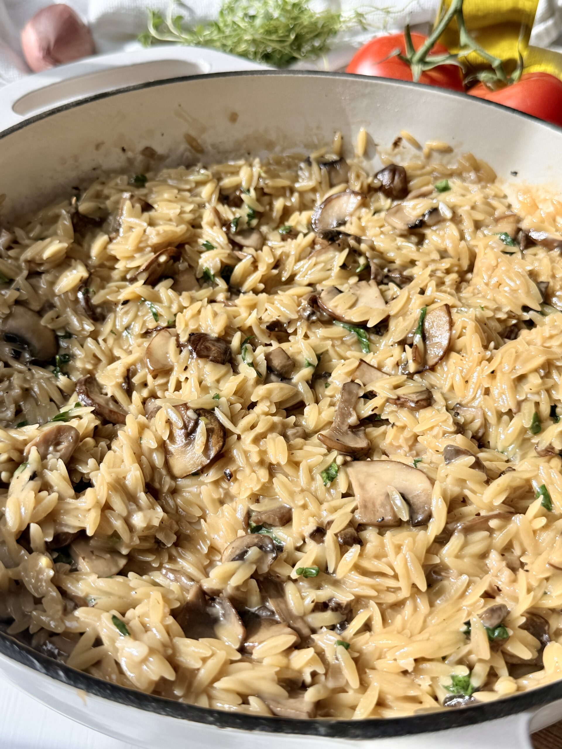 Creamy mushroom orzo with golden mushrooms, Parmesan cheese, and fresh parsley.