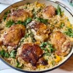 One-pan chicken and rice with butternut squash, kale, and creamy Parmesan sauce